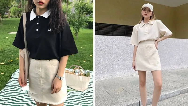 Áo thun đồng phục polo kết hợp với chân váy cho chị em